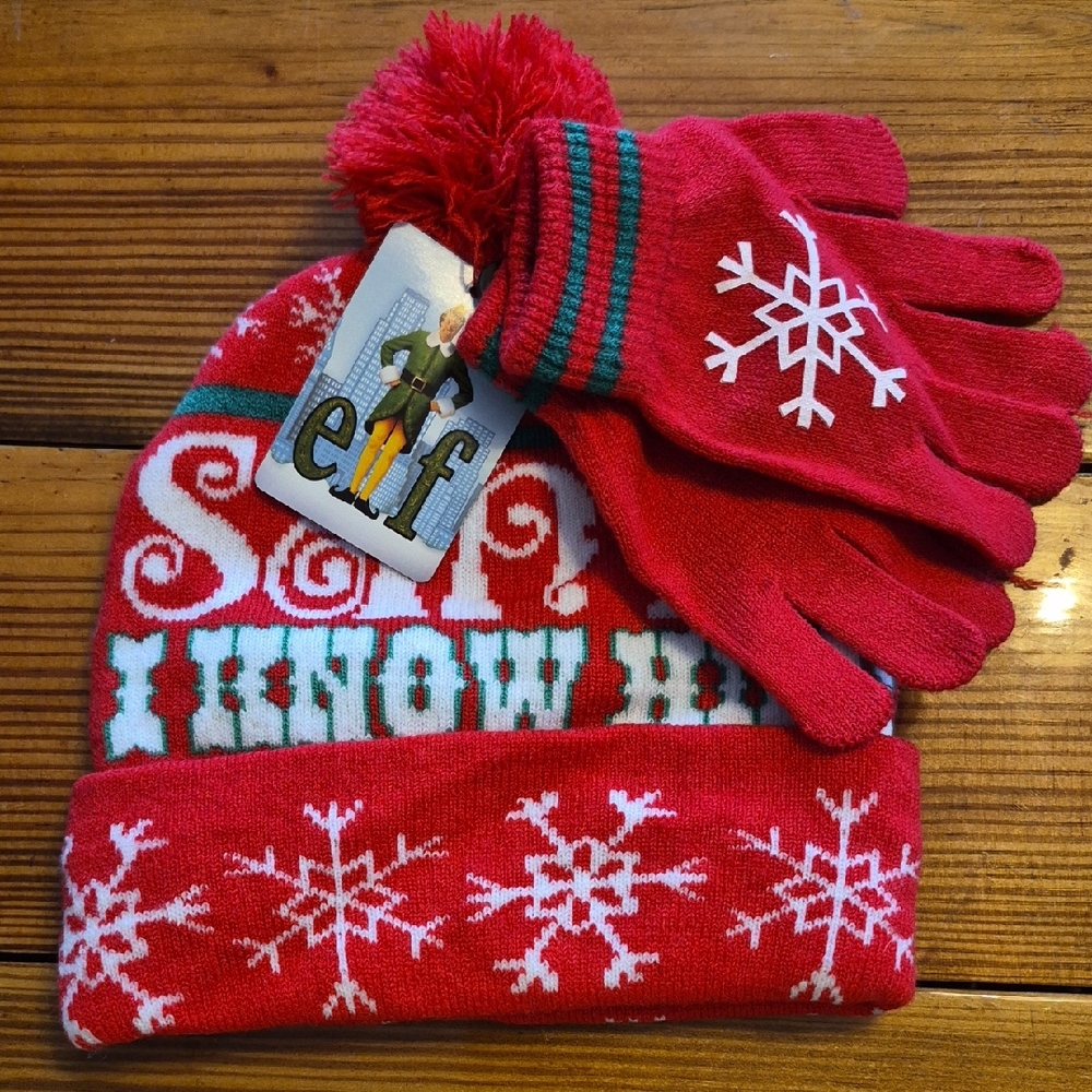 ELF Festive Red and White Kids Hat and Gloves